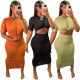 Women's sexy solid color pleated long skirt short sleeve dress NY8077