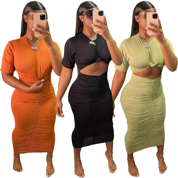 Women's sexy solid color pleated long skirt short sleeve dress NY8077