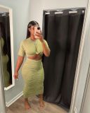 Women's sexy solid color pleated long skirt short sleeve dress NY8077