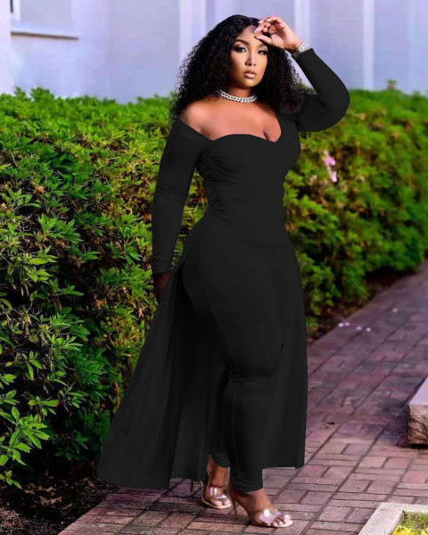 Fashion solid color deep V blouse with cross folds and long swing two-piece suit NY8082
