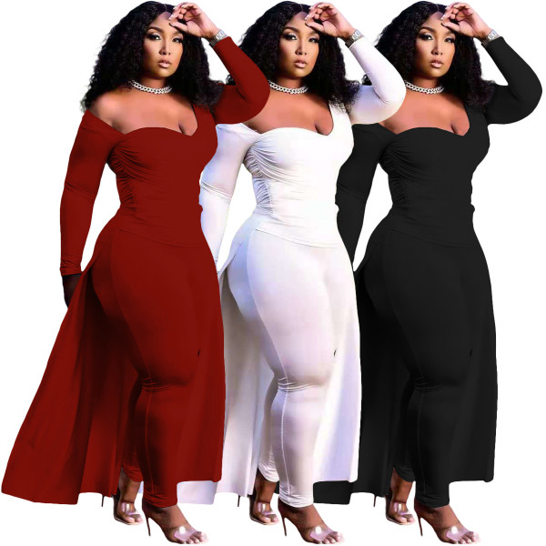 Fashion solid color deep V blouse with cross folds and long swing two-piece suit NY8082