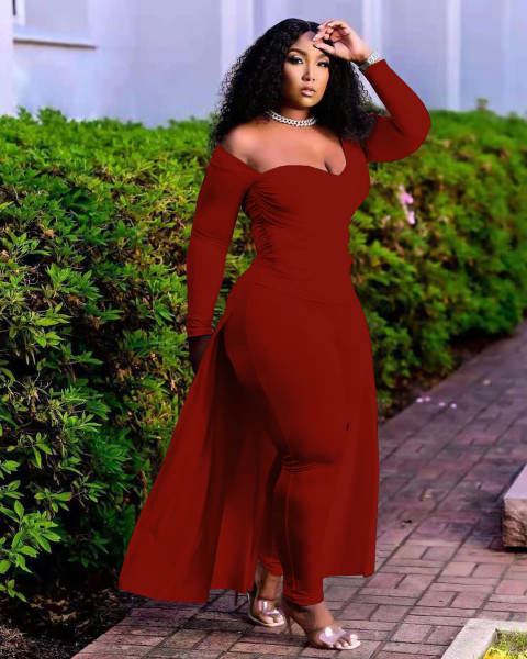 Fashion solid color deep V blouse with cross folds and long swing two-piece suit NY8082