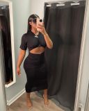 Women's sexy solid color pleated long skirt short sleeve dress NY8077