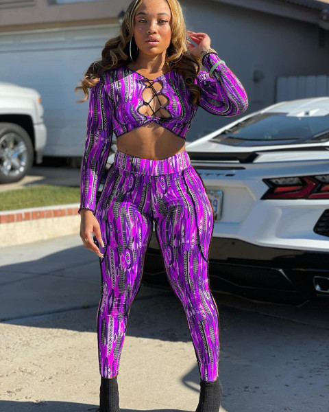 Women's fashion sexy tie wrap chest printed long-sleeved trousers two-piece suit N6030