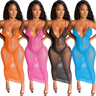 Fashion sexy sling pleated mesh see-through dress NY8060