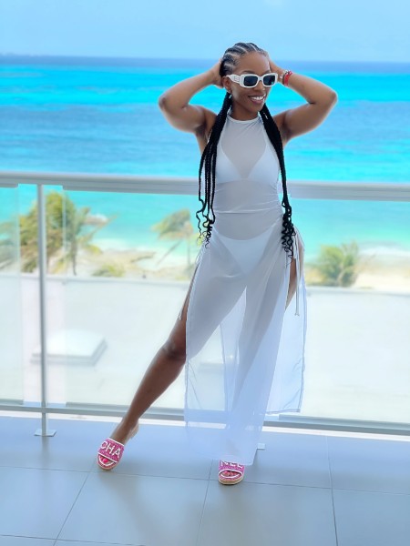 Women's mesh see-through sexy two-sided slit sleeveless 2-color beach dress 3-piece set ALS254