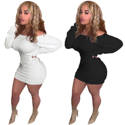 Women's off-shoulder waist eyelet straps sexy bag hip solid color dress N6032