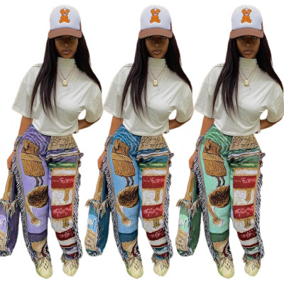 Autumn and winter fashion loose color pattern fringed women's trousers N6031