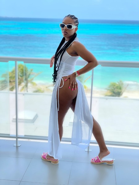 Women's mesh see-through sexy two-sided slit sleeveless 2-color beach dress 3-piece set ALS254