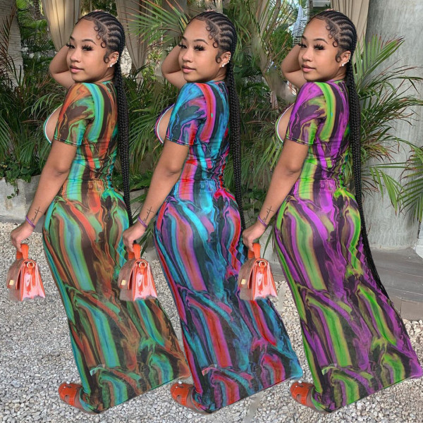 Women's Digital Printed Short Sleeve Long Skirt Dress N6028