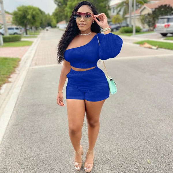 Women's casual fashion solid color puff sleeve one-shoulder two-piece suit Y8086-1