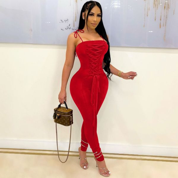 Summer casual sexy solid color back fold sling strap jumpsuit JP1050