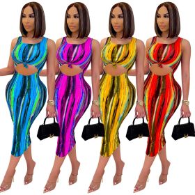 Summer sexy open belly tie-dye sleeveless dress JP1047