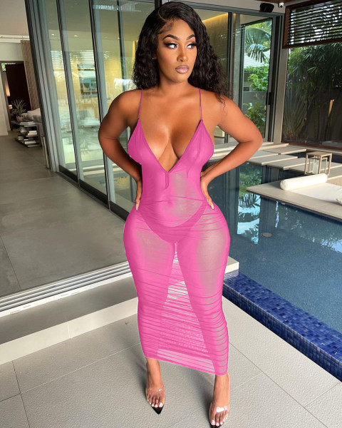 Fashion sexy sling pleated mesh see-through dress NY8060