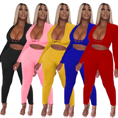 Women's solid color sexy cross cutout casual two-piece suit NY8078
