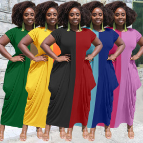 Stitching color loose version round neck short sleeve irregular hem ladies dress ALS260