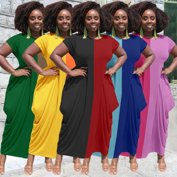 Stitching color loose version round neck short sleeve irregular hem ladies dress ALS260