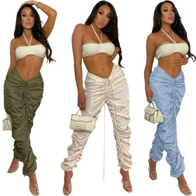 New solid color memory fabric pleated drawcord sports casual pants Y7027