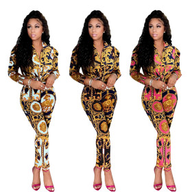 Ladies Printed Shirt Collar Cardigan Lantern Sleeve Professional Uniform Set CM2150