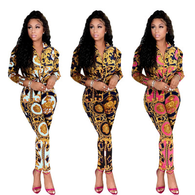 Ladies Printed Shirt Collar Cardigan Lantern Sleeve Professional Uniform Set CM2150