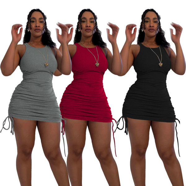 Fashionable and casual women's dress with drawstring adjustable length and short dress Z1065