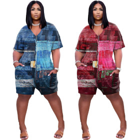 Sexy loose V-neck faux denim print jumpsuit with pockets NY8078-1