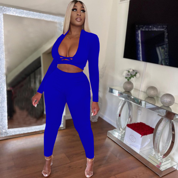 Women's solid color sexy cross cutout casual two-piece suit NY8078