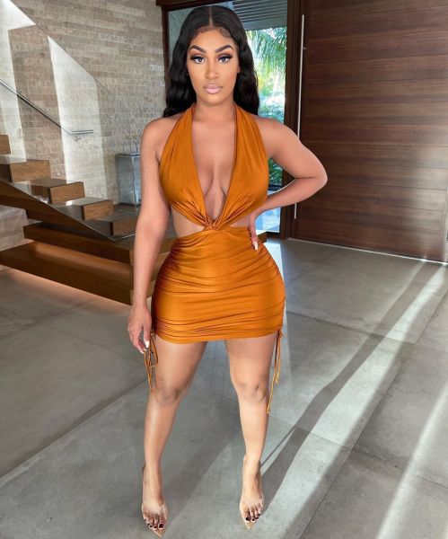 New sexy women's dress with halter neck and drawstring folds bag buttocks open back NY8071