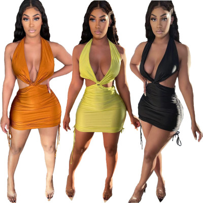 New sexy women's dress with halter neck and drawstring folds bag buttocks open back NY8071