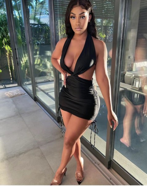New sexy women's dress with halter neck and drawstring folds bag buttocks open back NY8071