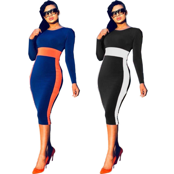 Autumn fashion O-neck contrast dress cl6020
