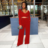 Fashion casual sexy solid color pockets pleated open waist loose top trousers two-piece suit SM9199
