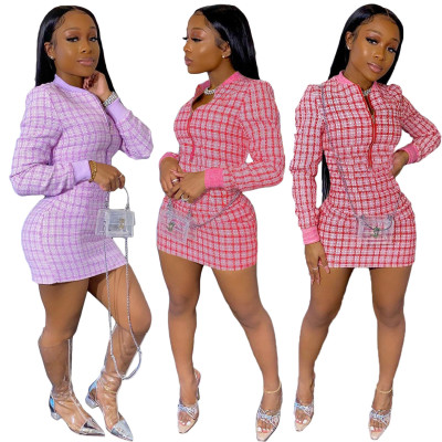 Digital printed threaded long-sleeved dress sexy temperament women's clothing LM8278