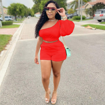 Fashion casual sexy solid color pocket loose side long sleeve shorts two-piece suit SM9191