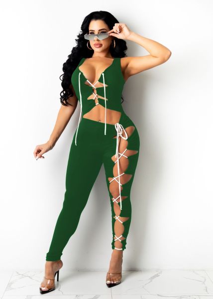Sexy Women's Solid Color Sleeveless Tie Personalized Jumpsuit Nightclub CQ129