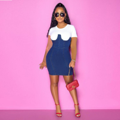 Fashion casual high-elastic denim short-sleeved summer dress with hidden zipper YZ1263