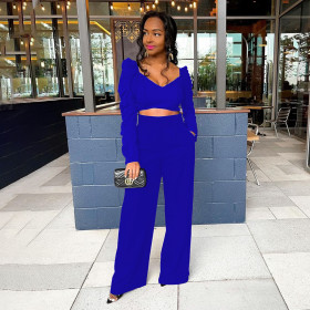 Fashion casual sexy solid color pockets pleated open waist loose top trousers two-piece suit SM9199