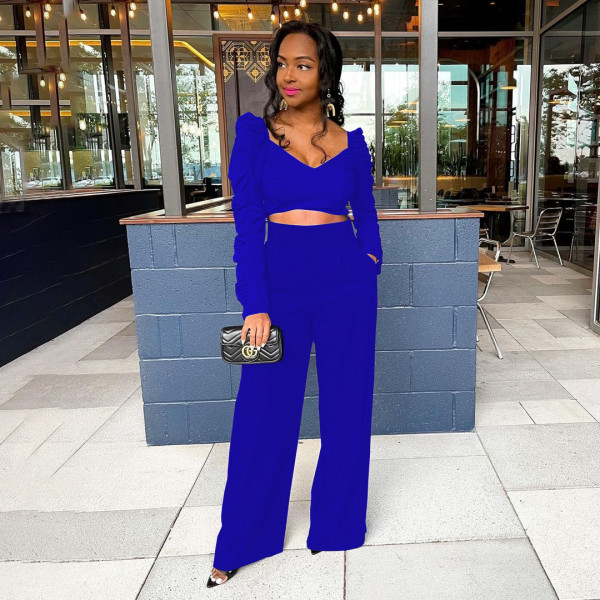 Fashion casual sexy solid color pockets pleated open waist loose top trousers two-piece suit SM9199