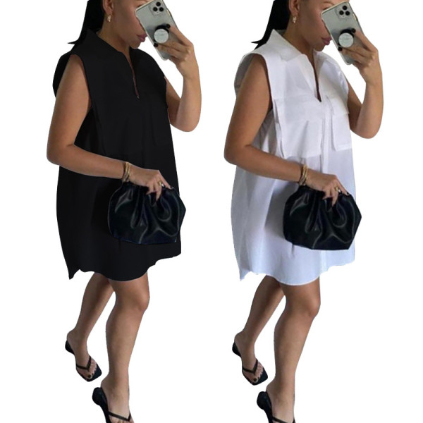 Women's Sleeveless Workwear Pocket Shirt Dress C3051