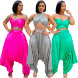 Tube top straps halter neck irregular flared pants solid color two-piece suit LM8259