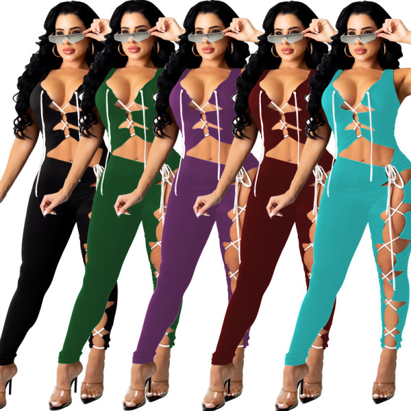 Sexy Women's Solid Color Sleeveless Tie Personalized Jumpsuit Nightclub CQ129