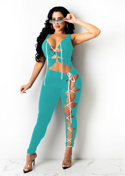 Sexy Women's Solid Color Sleeveless Tie Personalized Jumpsuit Nightclub CQ129