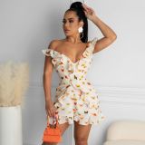 Fashion sexy deep V open back butterfly print short jumpsuit with wooden ears N9295