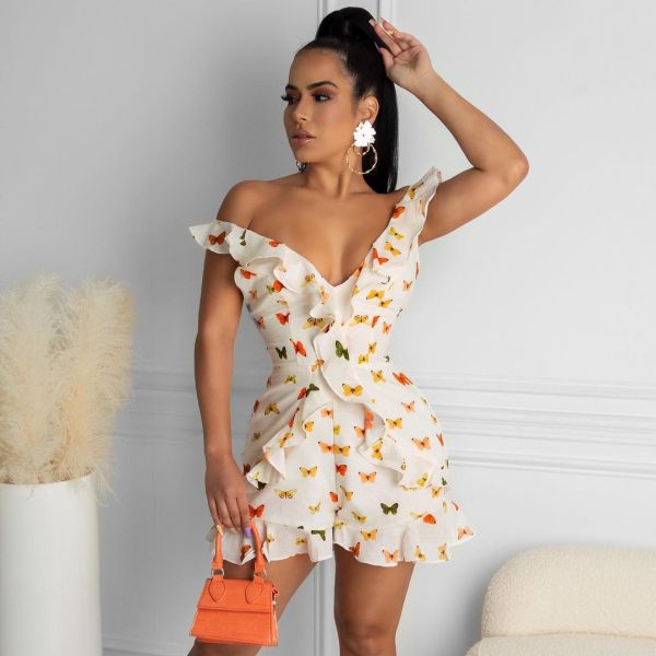 Fashion sexy deep V open back butterfly print short jumpsuit with wooden ears N9295