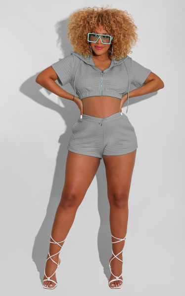 Casual sports solid color zipper cardigan shorts three-piece suit N9294