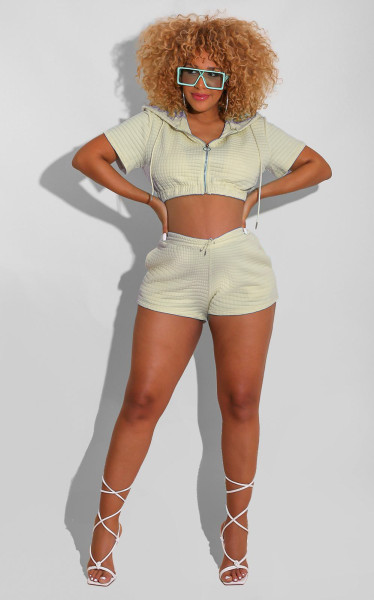 Casual sports solid color zipper cardigan shorts three-piece suit N9294