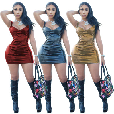Sexy fashion suspender wrap chest zipper PU leather dress YZ1267
