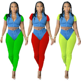 Imitation denim printing two-color stitching zipper casual two-piece suit L8173
