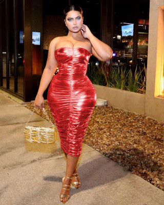 One-shoulder color gold sexy tight dress C3050