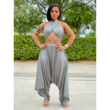 Tube top straps halter neck irregular flared pants solid color two-piece suit LM8259